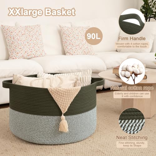 OIAHOMY 90L XXXLarge Blanket Basket for Living Room, 21.7" x 13.8" Woven Cotton Rope Laundry Basket for Organizing Pillows, Decorative Stuffed Animal Toy Storage Bin for Nursery, Green and Grey - color: Green and Grey, size: 21.7"D x 13.8"H