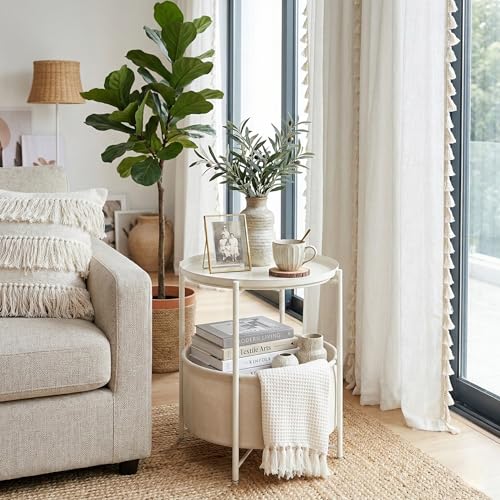 danpinera Round Side Table with Fabric Storage Basket, Metal Side Table Small Bedside Nightstand with Removable Tray Top for Living Room, Bedroom, Nursery, Laundry, White - color: White