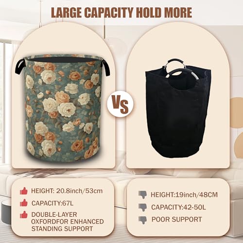Vintage Rose Flower Laundry Hamper,Retro Floral Collapsible Laundry Baskets Waterproof Oxford Cloth With Handles,Clothes Storage Bucket Toy Organizer For Bathroom/Nursery/Bedroom 16" x 20.8" - color: Vintage Rose Flower ,Retro Floral