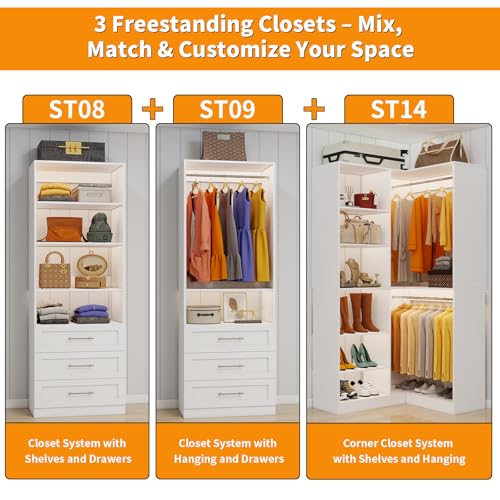 Closet System with 3 Sets, 6.5-16FT Corner Closet Organizer System with 6 Drawers & 11 Shelves & 6 Hanging Rods, Custom L-Shaped Modular Walk-in Closet Organizers and Storage System Corner, White - color: CL8914-White