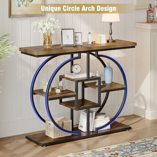 GiftGo Narrow Console Table for Entryway Industrial 4-Tier Sofa Table Behind Couch with Circle Base Rustic Wooden Accent Tables with Storage Shelves for Living Room, Hallway, Foyer (Brown) - color: Brown