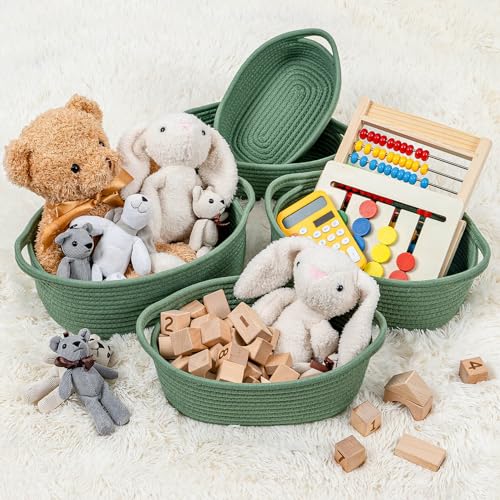 CubesLand Small Cotton Rope Storage Basket Set 5, Shelves Baskets for Organizing with Handle, Decorative Closet Storage Bins for Countertop Toilet Paper Basket for Toilet Tank Top,Green Basket - color: Green