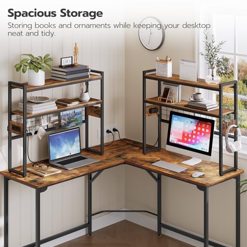 HOOBRO Desktop Bookcase, 2-Tier Desktop Organizer, 29.9" Wooden Office Storage Rack with Outlets, Display Shelf Rack with Light Strip, Desk Hutch for Office, Rustic Brown BF11UDSJ01 - color: Rustic Brown+black, size: 29.9"D