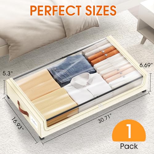 SpaceHacks Under Bed Storage with Wheels 1Pack Underbed Storage with Clear Window&Label Under Bed Drawers Large Capacity Rolling Under Bed Storage for Clothes,Shoes, Blankets (Beige) - color: Beige, size: 1 pack