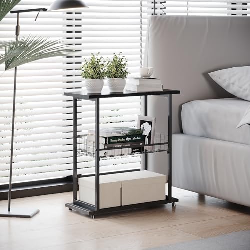 PROXRACER 3-Tier Narrow Side Table with Storage Shelf, Slim Skinny End Table with Wire Basket, Industrial Sofa Side Table for Small Spaces, for Living Room, Bedroom, Black - color: Black, size: No Fence
