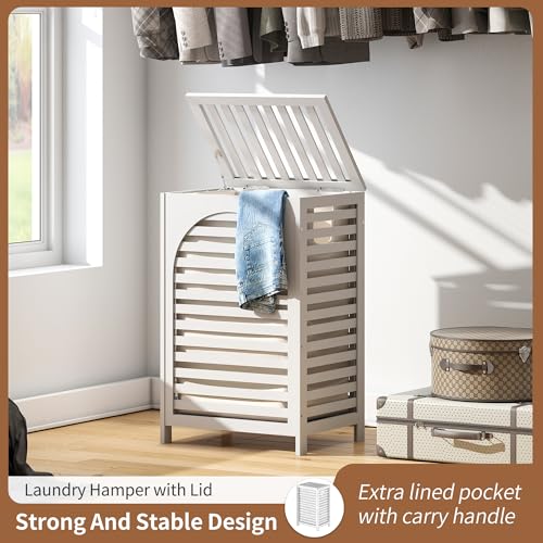 FILWH Laundry Hamper with Lid (16.9 * 13 * 26.5inches) Large Bamboo Laundry Bin Basket 85L Clothes Hamper with 1 Removable Bag Storage baskets for Bathroom (White) - color: White