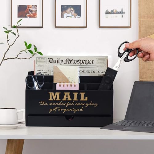 EXQUIDECA Wooden Black Rustic Countertop Mail Storage Holder with Drawer and Compartments - Office Desk Accessories and Workspace Organizers - Desktop Sorter for Pen Stationery Letter Files Documents - color: Black storage box