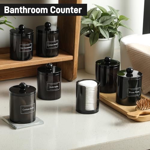 4 Pcs, Acrylic Qtip Holder Dispenser for Cotton Swab, Ball, Round Pads, Floss Picks - Clear Plastic Apothecary Jar Set, Bathroom Canister Decor Storage Accessories, Vanity Makeup Organizer, Black - color: Black, size: 4
