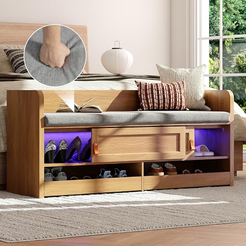 STO’Sense 47" Shoe Storage Bench with Cushion, Entryway Bench with UV Light & Backrest, Farmhouse Shoe Cabinet Bench with 2 Sliding Doors & 2 Pop-Out Drawers for Bedroom End of Bed, Hallway (Oak)