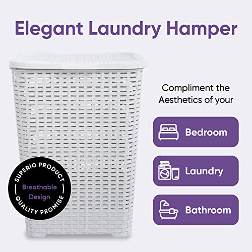 Plastic Laundry Hamper with Lid Laundry Hamper Basket, White Smoke 2 Pack Tall Cloths Hamper Organizer with Cut-out Handles. Space Saving for Laundry Room Bedroom Bathroom, Wicker Design 60 Liter - color: White Smoke, size: 2-pack