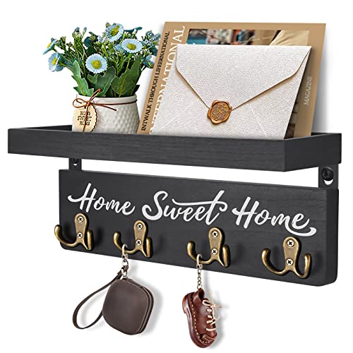 buways Key Holder for Wall Decorative, Rustic Wooden Key Hanger for Wall with 4 Double Key Hooks, Farmhouse Key Holder Rack and Mail Organizer for Home Entryway Decor(Black) - color: Black