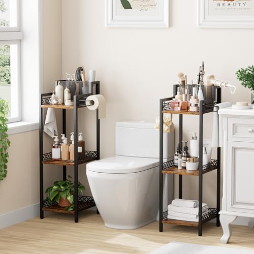 Bathroom Storage and Organizer Shelf Hair Dryer Holder, 9.85in 3-Tier Narrow Metal Standing Rack with Toilet Paper Holder, Corner Stand for Cosmetic, Vanity, Kitchen, Laundry Rustic Brown - color: 9.85“ Black Without Drawer