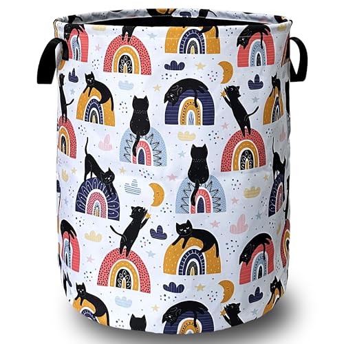Boho Rainbow Cute Cats Laundry Basket Foldable With Handles Tote Bag Oxford Cloth Funny Cat Laundry Hamper Clothes Storage Bucket Toy Organizer 18.9" x 16.5" For Bathroom/Laundry/Bedroom - color: Cute Cat With Boho Rainbow