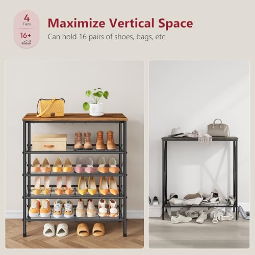 Tajsoon 5 Tier Shoe Rack Organizer for 16-20 Pairs of Shoes, Metal Mesh Shoe Shelf for Closet, Industrial Shoe Rack for Entryway Shoe Storage with X Shape Fixed Frame, Rustic Brown & Black - color: Rustic Brown & Black, size: 5-Tier