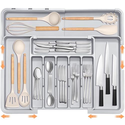 Silverware Organizer Expandable Kitchen Drawer Organizer Adjustable 22"x 19" Utensil Organizer with Rubber Feets Cutlery Drawer Organizer for Spoons Forks Knives Kitchen Organizers and Storage Grey - color: Grey