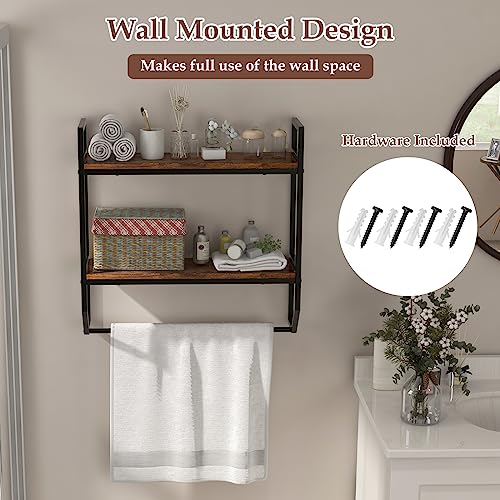 GOFLAME 2-Tier Industrial Bathroom Shelves with Towel Bar, Over the Toilet Shelf Wall Mounted with Metal Frame, Wall Storage Organizer Shelf for Bathroom, Living Room, Kitchen, Rustic Brown