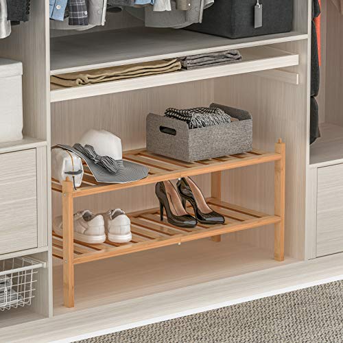 Dranixly Shoe Rack, 2-Tier Bamboo Stackable Shelf Storage Organizer, Stand for Closet, Entryway, Hallway, Bathroom and Living Room（Natural） - color: Natural, size: 2-Tier