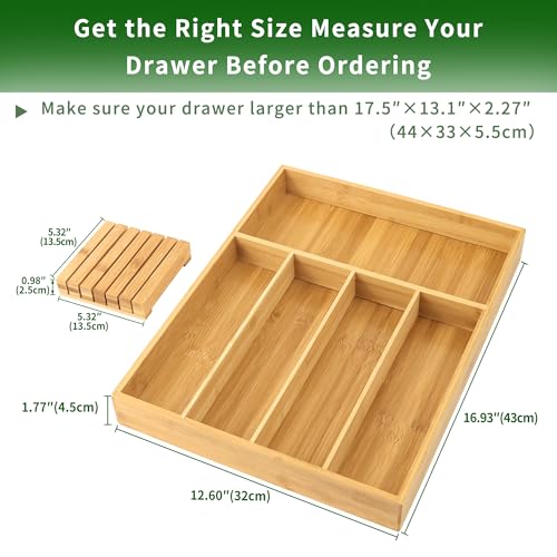 VaeFae Bamboo Silverware Organizer (Non-expandable), Utensil Holder for Drawer, Cutlery Tray with Divider for Kitchen Drawer, Utensil Organizer with Knife Block - color: Natural, size: Small - Non-expandable with Block
