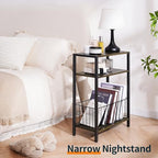 Yoobure Narrow Side Table with Storage Basket, Small End Table for Small Spaces Skinny Side Tables Living Room Bedroom, Slim Nightstand 3 Tier Bedside Table Space-Saving for Magazine, Rustic Brown - color: Rustic Brown