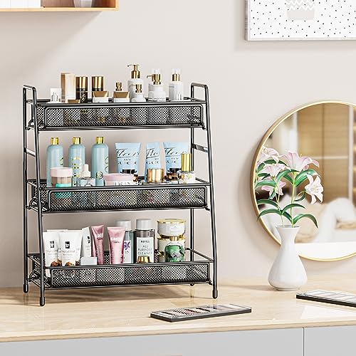EKNITEY Bathroom Countertop Organizer Rack - 3 Tier Counter Spice Rack Metal Makeup Rack Small Perfume Vanity Organizer for Sink/Bedroom/Living room/Kitchen/Office - color: Black