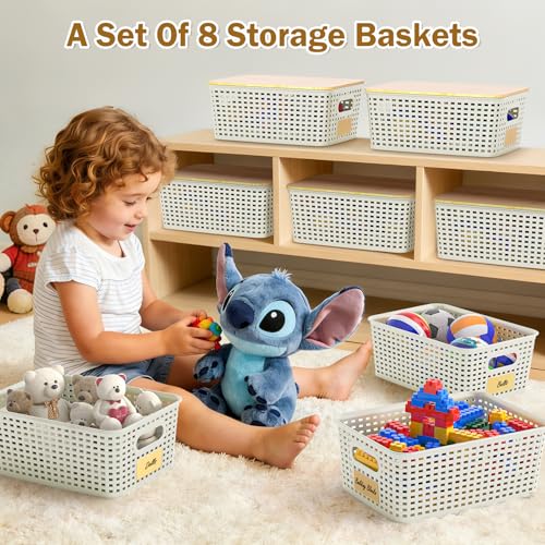 Stackable Storage Basket: Plastic Baskets Bins, Baskets for Organizing, Pantry Decorative Containers for Closets, Cabinets, Shelves(8 Pack, White) - color: White
