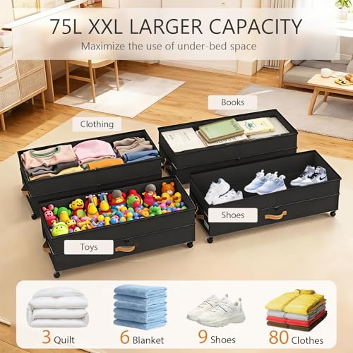Under Bed Storage with Wheels 2-Pack, 75L XXL Under the Bed Storage Containers Large, 12" Tall Adjustable Storage for Underbed with Lids, Rolling for Clothes, Shoes, Blankets (Black) - color: Black