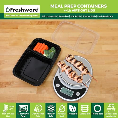 Freshware Meal Prep Containers [50 Count ] 2 Compartment with Lids, Food Storage Containers, Bento Box, BPA Free, Stackable, Microwave/Dishwasher/Freezer Safe (28 oz) - size: 2-COMP-50PK