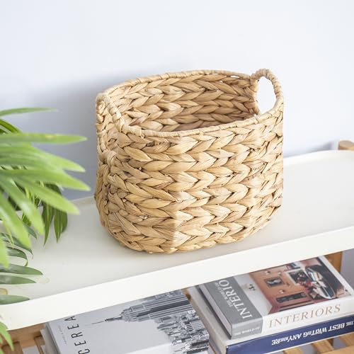 Water Hyacinth Storage Basket with Handles, Woven Boho Storage Basket for Organizing, 11.8" x 7.87" x 8.66" Natural Oval Handwoven Basket for Shelf, Bathroom, Living Room