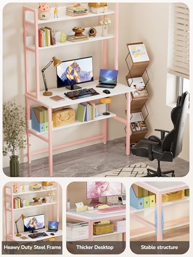 Aquzee Girls Desk with Hutch, 40“W x 19.6" D Computer Desk with Shelves, Tall Home Office Desk with Bookshelf, Metal Legs Study Table with Upper Storage Shelf for Study Writing/Workstation, Pink - color: Pink, size: 40inch