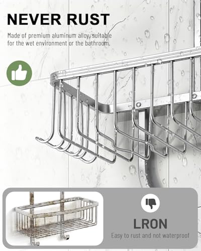 Shower Caddy Hanging - Never Rust Shower Hanging Organizer - Aluminum Over the ShowerHead Caddy with Soap Basket and 6 Hooks for Razor/Sponge (Frosted Silver) - color: Shiny Silver
