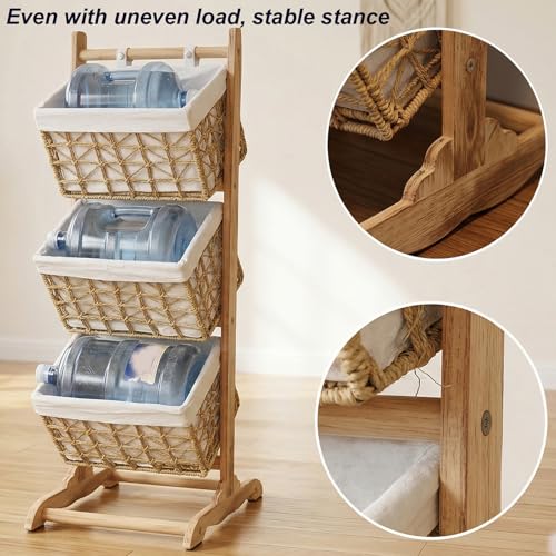 Three-Tier Floor-Standing Storage Rack, Hand-Woven Storage Basket, Vertical Storage Rack, Retail Display Rack Diaper Storage Suitable for Bathroom, Kitchen, Laundry Room, Living Room