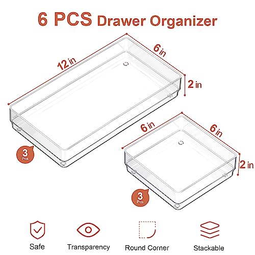 SMARTAKE 6 PCS Clear Plastic Drawer Organizers Set, Large Size Non-Slip Desk Drawer Organizer, 2-Size Versatile Bathroom and Vanity Drawer Organizer Trays for Makeup, Bedroom, Office, Kitchen Utensils - style: 3 Pcs12" x 6" x 2" + 3 Pcs 6" x 6" x 2"
