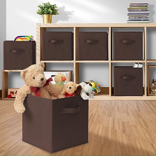 Casafield Set of 6 Collapsible Fabric Cube Storage Bins, Brown - 11" Foldable Cloth Baskets for Shelves, Cubby Organizers & More - color: Brown, size: 10.5" x 10.5" x 11"