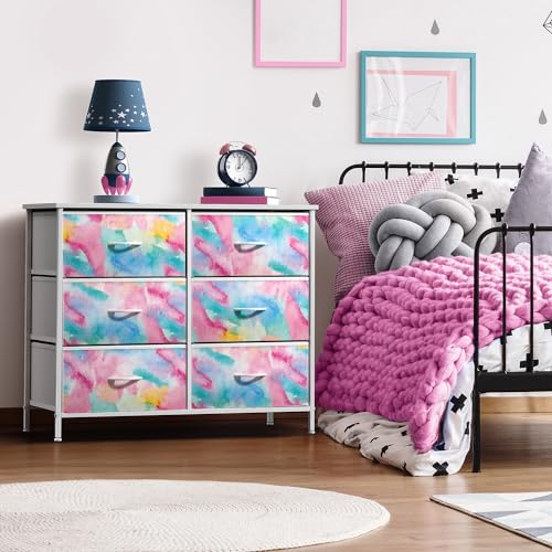 Sorbus Kids Dresser with 6 Drawers - Storage Chest Organizer Nightstand - Steel Frame, Wood Top, Tie-Dye Fabric Bins for Clothes - Wide Furniture for Bedroom, Hallway, Nursery, Closet, & Apartment - color: Watercolor, style: 6-Drawer