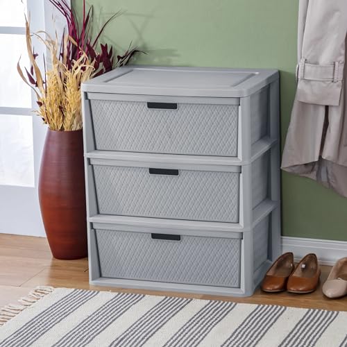 Gray Storage Drawer, 3 Drawer Plastic Weave Wide Tower with Pull Handles - color: Grey