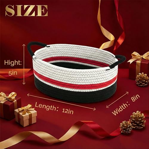 Yimi's Dream Cotton Rope Basket – Woven Gift Basket with Handles, Decorative Storage Basket for Christmas, Housewarming, Mother's Day, Shelf, Chest, Toys - color: red&black with black handle, size: Oval - 12"x8"x5"