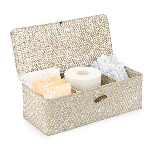 Sumnacon Small Woven Basket for Shelf Wicker Shelf Storage Basket with Sections Seagrass Storage Baskets with Lid for Tampon Toiletry Rectangular Storage Basket for Shelf Bathroom Table Desk Whitewash - color: Whitewash, size: Medium