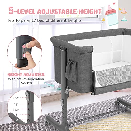BABY JOY Bassinet Bedside Sleeper, 3 in 1 Folding Crib w/Adjustable Height, Mattress, Lockable Wheels, Storage Pocket & Carry Bag for Infant Newborn, Stationary & Rock, Portable Baby Bassinet (Grey) - color: Grey