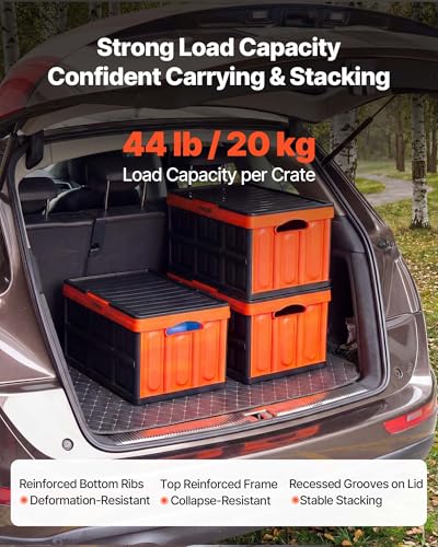 VEVOR Plastic Collapsible Storage Bins with Lids, 45L 3Packs, Stackable Folding Storage Crates with Handles, Holds 44 lbs Per Bin, Heavy Duty Containers, Space-Saving Baskets, for Home Organizing - size: 45L-Orange-3PC