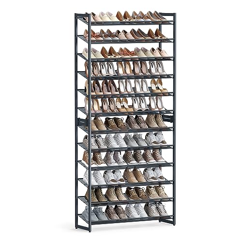 SONGMICS 12-Tier Stackable Shoe Shelf Set, Metal Shoe Storage for Garage, Entryway, with Adjustable Shelves, Hold 48-60 Pairs, Cool Gray ULMR12G01 - color: Charcoal Gray, size: 12 Tiers (36.4"W)