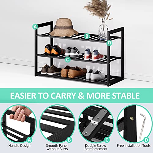 Jripae Bamboo Shoe Rack for Closet, 3 Tier 32.5inch Longer Shoe Organizer Shelf Holder Storage 12-15 Pairs Stackable for Entryway Door Hallway Bedroom Garage Space Saving Foldable Black - size: 3-tier-long/32.5*10.5*17in