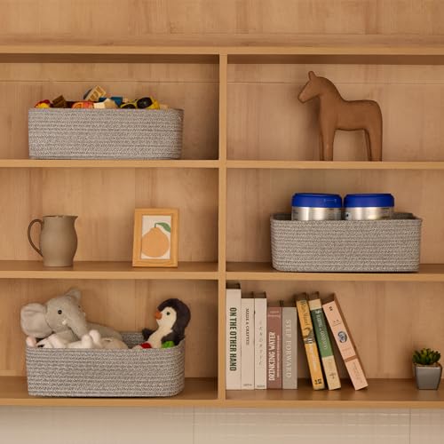 MiniArk Large Shallow Organizing Baskets 15x11x5.1 Inches - Rope Woven Storage Bins for Bathroom, Shelves, Cube Closet, Mixed Grey 2 Packs - color: Mixed Grey, size: 2pcs-L15×W11×H5.1"