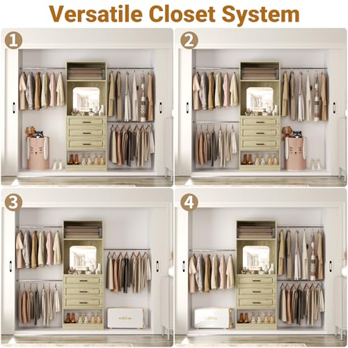 Unikito 48" W - 96” W Closet System with Mirror, 8FT Walk in Closet Organizer with Drawers and 3 Extendable Hanging Rod, Sturdy Wood Clothing Garment Rack with 25” Tower, Max Load 1000 LBS, White Oak - color: White Oak
