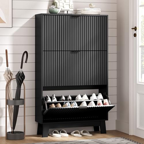 Shoe Cabinet Storage for Entryway with 3 Flip Drawers, Fluted Narrow Shoe Organizer with Wooden Legs, Freestanding Slim Shoe Storage Hidden Shoe Rack Organizer for Front Door Entrance, Hallway, Black - color: Black, size: 3 Drawer