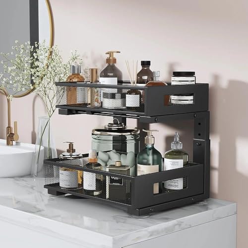 Under Sink Organizer, 2-Tier Dual Pull Out Cabinet Organizer Drawers With Smooth Circular Rail, Large Capacity Metal Mesh Sliding Shelves For Bathroom& Kitchen Storage,Height Adjustable–Black,1 Pack - color: Black, size: 1 Pack-15.9"Dx11.6"-16.7" H