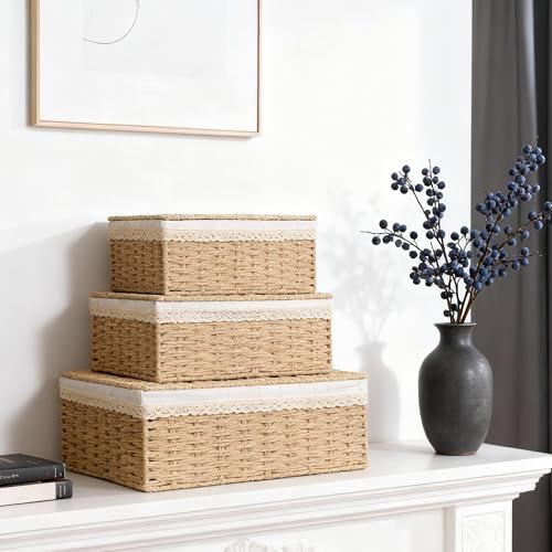 Nonam Large Basket with Lid set of 3, Rattan Divided Baskets Organizer for Shelf, Natural Wicker Storage Basket Bins for Closet, Boho Shelf Decor Covered Basket Home Storage Container - color: Divided Paper* Set of 3