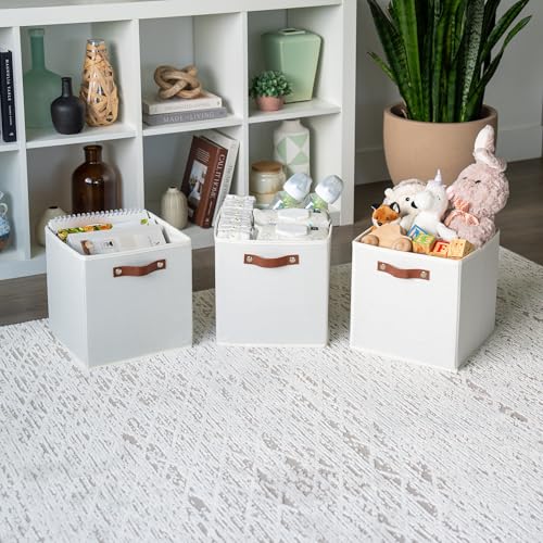 OrganiHaus 11" x 11" x 11" Fabric Cubes Storage Bins Set of 4, Foldable Collapsible Fabric Storage Bins for Organizer, Toy Organizer for Kallax, 11 Inch Linen Cube Shelf Baskets - White - color: Off-White, size: (11x11) Leather Handles