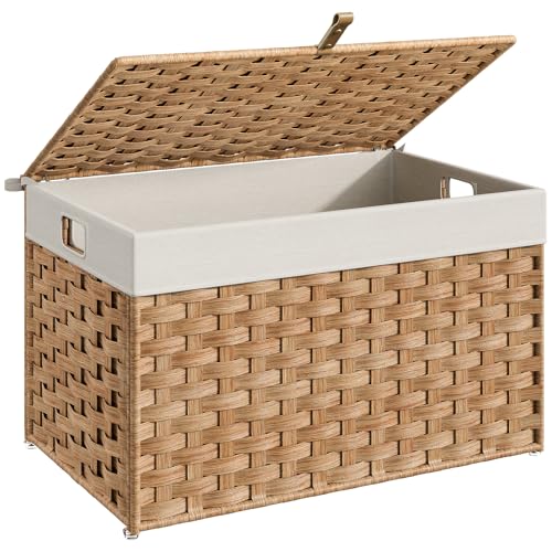 HOOBRO Storage Basket with Lid, 17.2 Gallon (65L) Wicker Basket, Handwoven Blanket Storage Basket with Handles, Metal Frame and Soft Lining, Foldable for Bedroom, Laundry Room, Natural NL265CW01 - color: Natural, size: 22"L x 13.4"W x 13.4"H