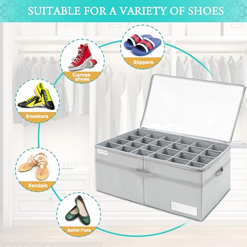 LUVHOMEE Shoe Organizer for Closet, Fits 24 Pairs, Large Shoe Box Storage Containers, Clear Foldable Shoe Storage Bins w/Bottom Support, Space Saving Closet Shoes Holder w/Reinforced Handles, Gray - color: Grey, size: 31"L x 16½"W x 13"H