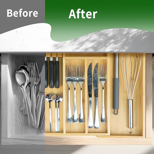 VaeFae Bamboo Kitchen Drawer Organizer, Utensil Tray with Multiple Compartments, Cutlery and Silverware Storage - color: Natural, size: Small - Non-expandable without Block